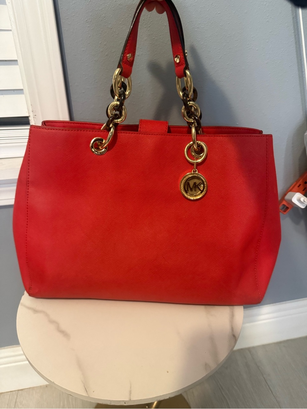 Michael Kors Red Saffiano Tote with Gold Chain Handles